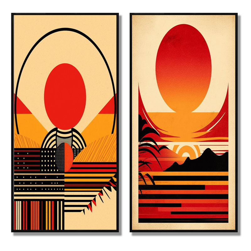 «Red Bold Sunset», 2 pièces sur toile, H 40 po x l 40 po, Cadre noir
