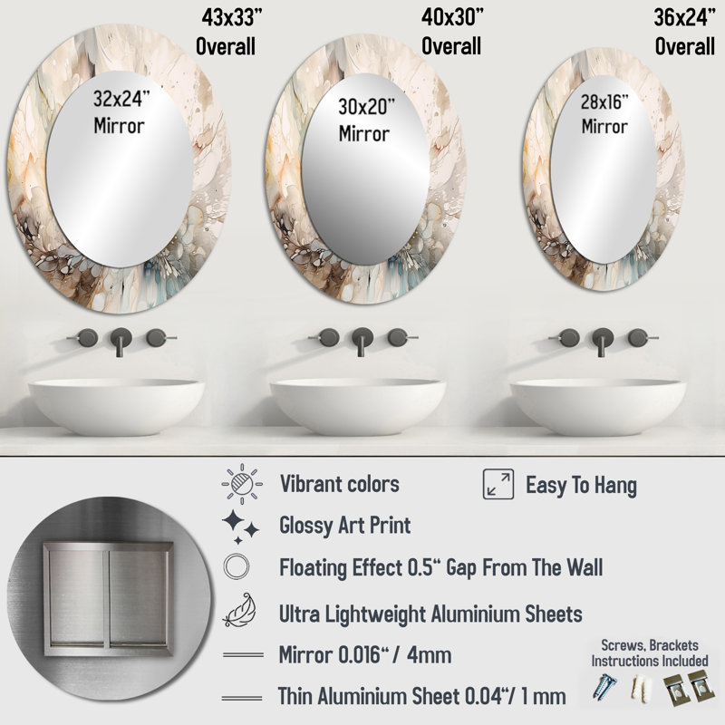 Miroir mural ovale blanc et gris, 40 po x 30 po