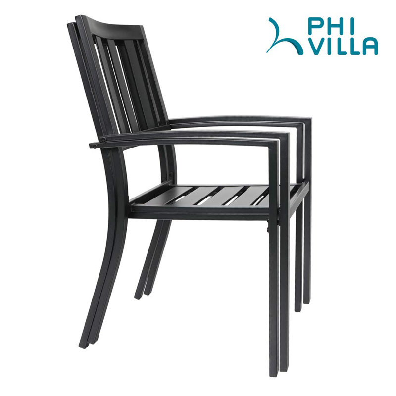 E-Coated Wrought Iron Stackable Patio Dining Chairs, Black, Set of 2