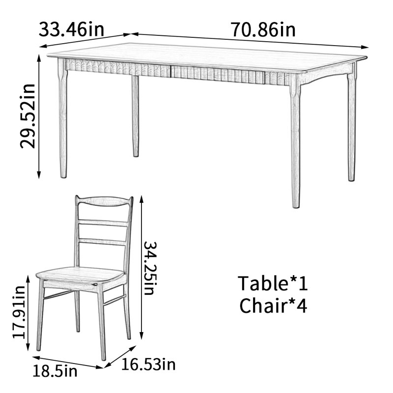 Simple Cherry Wood Drawer Storage Dining Table Set, 29.52"H x 70.86"L x 33.46"W