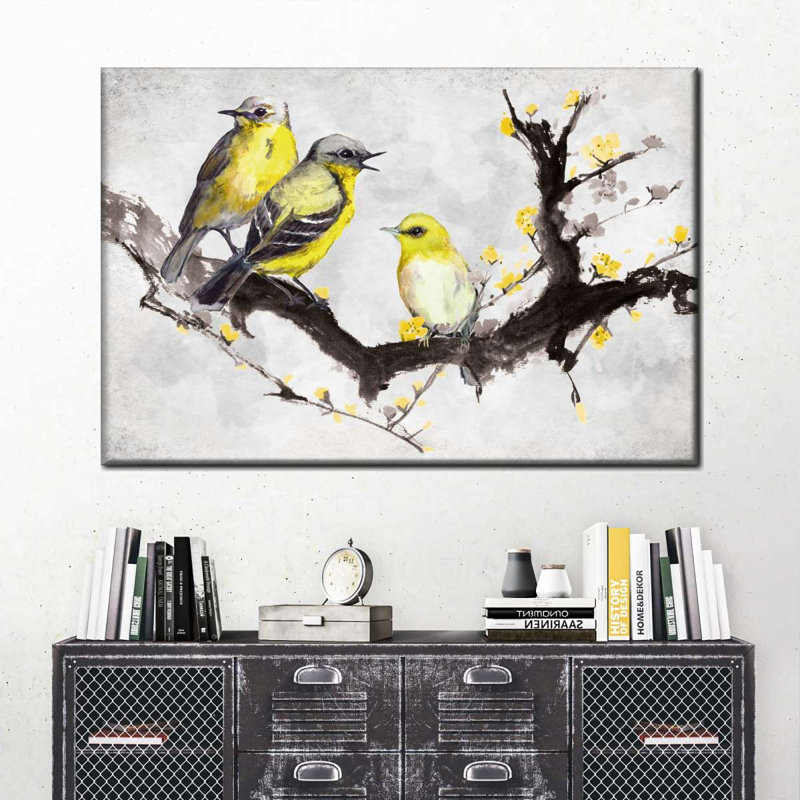 Canaris sur une branche sur toile, H 8 po x l 12 po x P 1 po