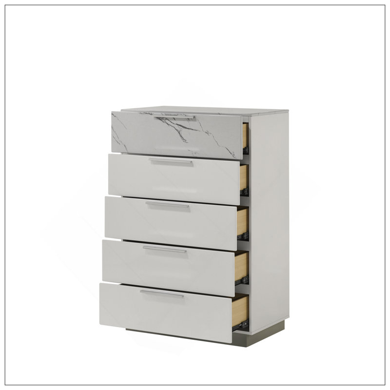 Commode Mist White - Finition bicolore très brillante en marbre et en laque avec cinq tiroirs à glissement lisse, tiroir supérieur doublé de velours Identique à B009P309329 (CA)