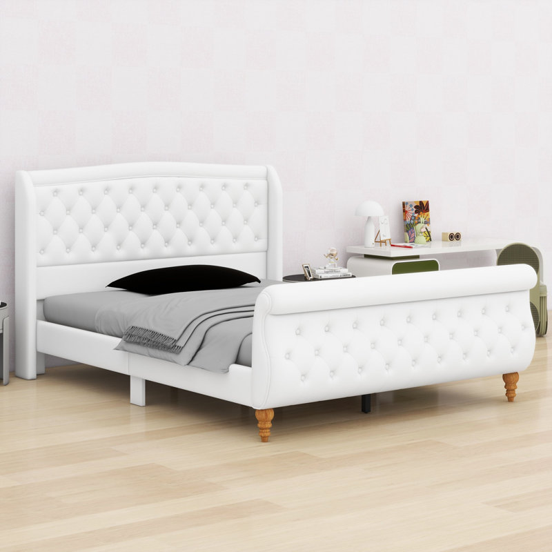 Base de lit plateforme avec tête de lit capitonnée à oreilles et pied de lit-bateau, Grand lit, Beige