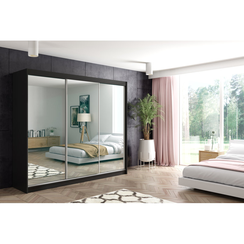 DEBA Wardrobe with Mirrored Sliding Doors, Black