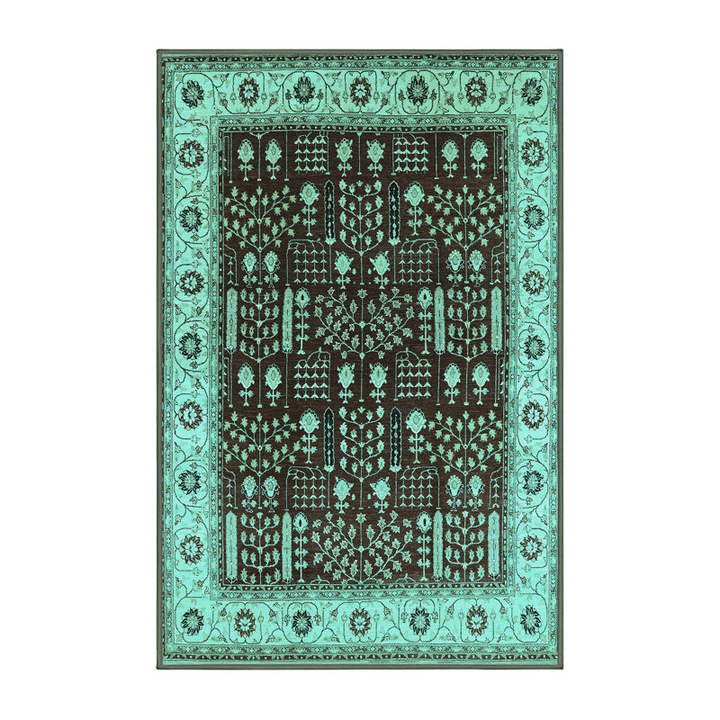 Tapis oriental en laine / polyester tissé à la machine en turquoise / noir, Rectangle 7 pi x 9 pi