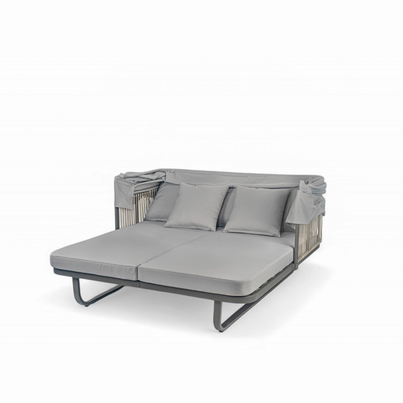 Lit de jour extérieur en rotin avec coussins détachables pour patio, cour arrière, piscine, Gris