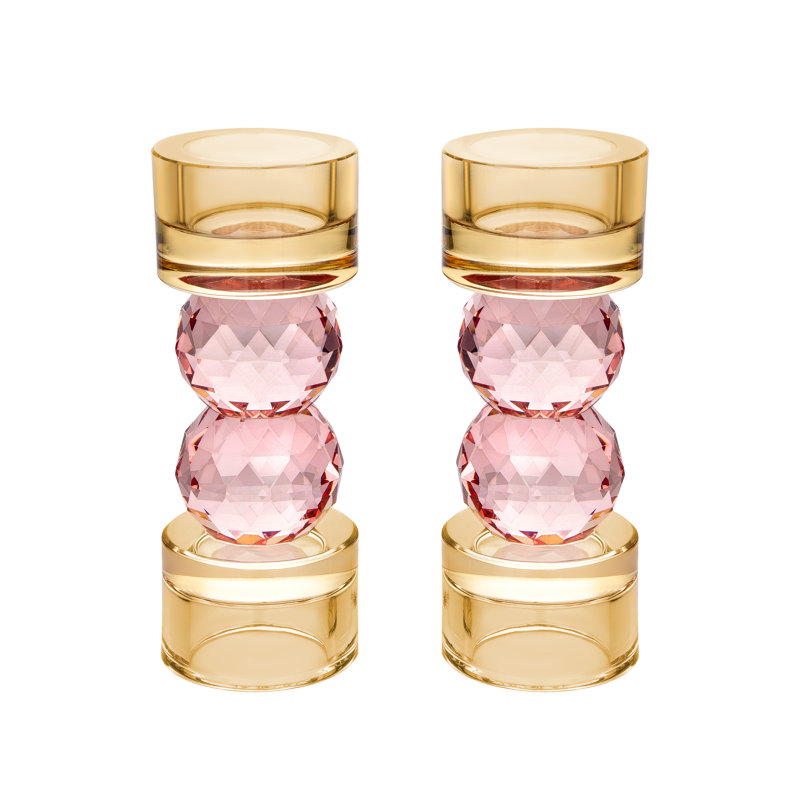 Ensemble de 2 bougeoirs ambre avec boules roses - P 2,5 po x H 5,7 po