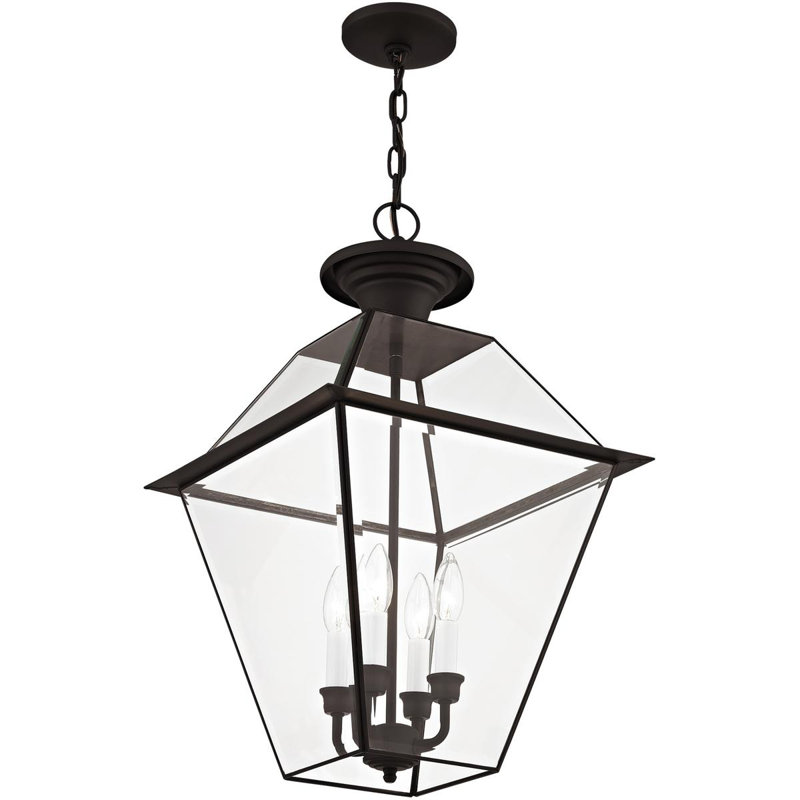 15in 4 Light Outdoor Chain Lantern Pendant Lighting + Clear Beveled Glass Shade [ Title], Bronze
