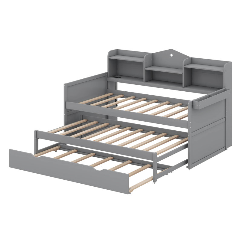Lit de jour simple en bois avec 2 gigognes simples Donashia, Gris