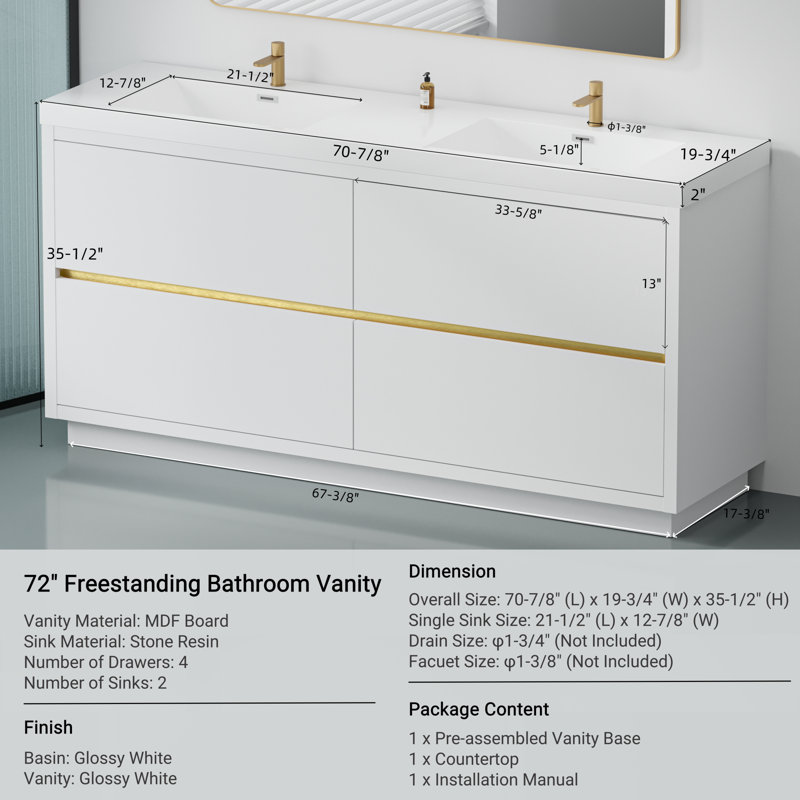 De meuble-lavabo autoportant blanc brillant avec dessus en résine de pierre, armoire de rangement avec tiroirs à fermeture en douceur, 24v14-72gw