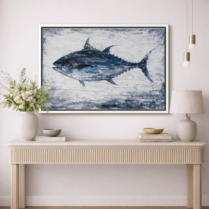 Blue Tuna Fish Artwork, Coastal Marine Life Living Room Pictures, Framed Canvas Giclee Print Wall Art, White Frame