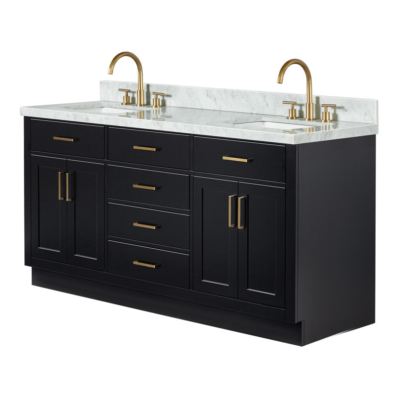Thornaby 66'' Solid Wood Double Bathroom Vanity with 1.5'' Carrara Marble Top, Black / Satin Brass, Rectangular