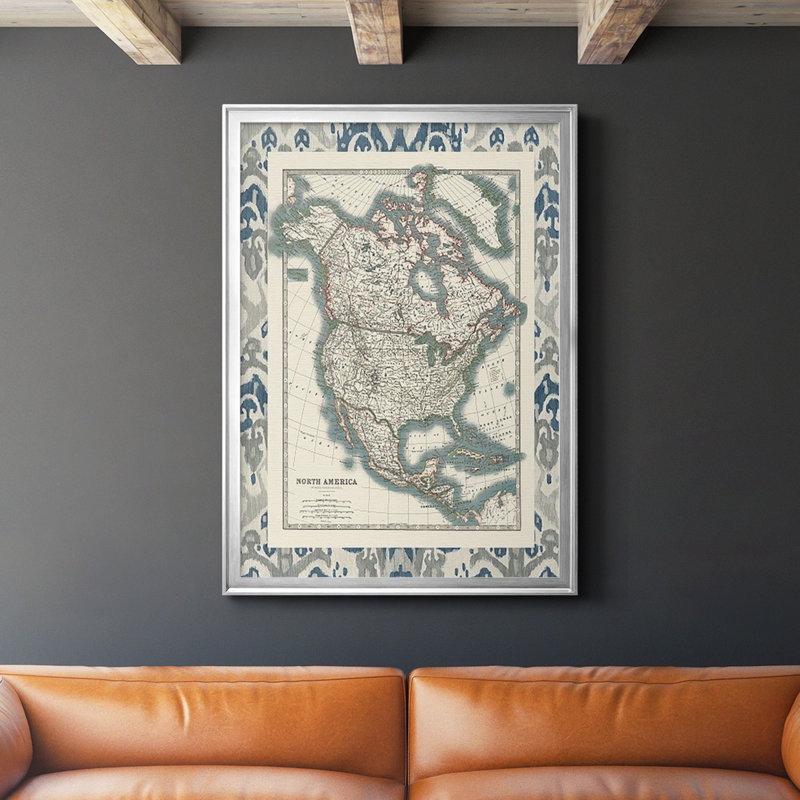 Border Map of North America, reproduction encadrée de qualité supérieure - prête à être accrochée, Argent