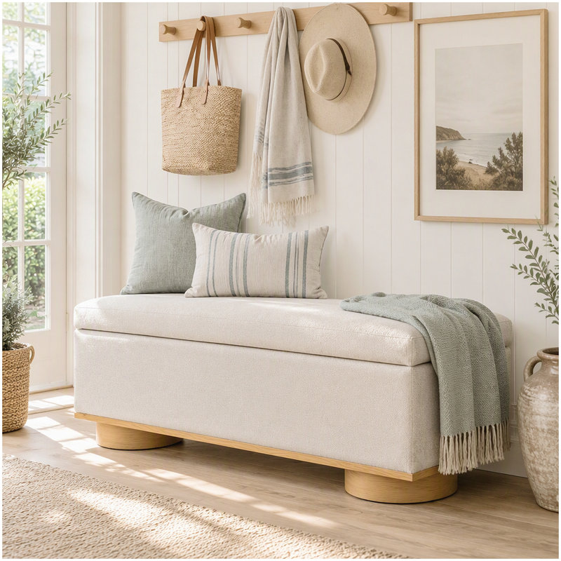 Banquette de rangement moderne 50 po avec repose-pieds en avoine et banc pour le salon de la chambre à coucher