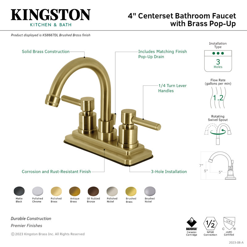 Kingston Brass Concord Two-Handle 3-Hole Deck Mount 4" Centerset Bathroom Faucet with Brass Pop-Up, Polished Brass