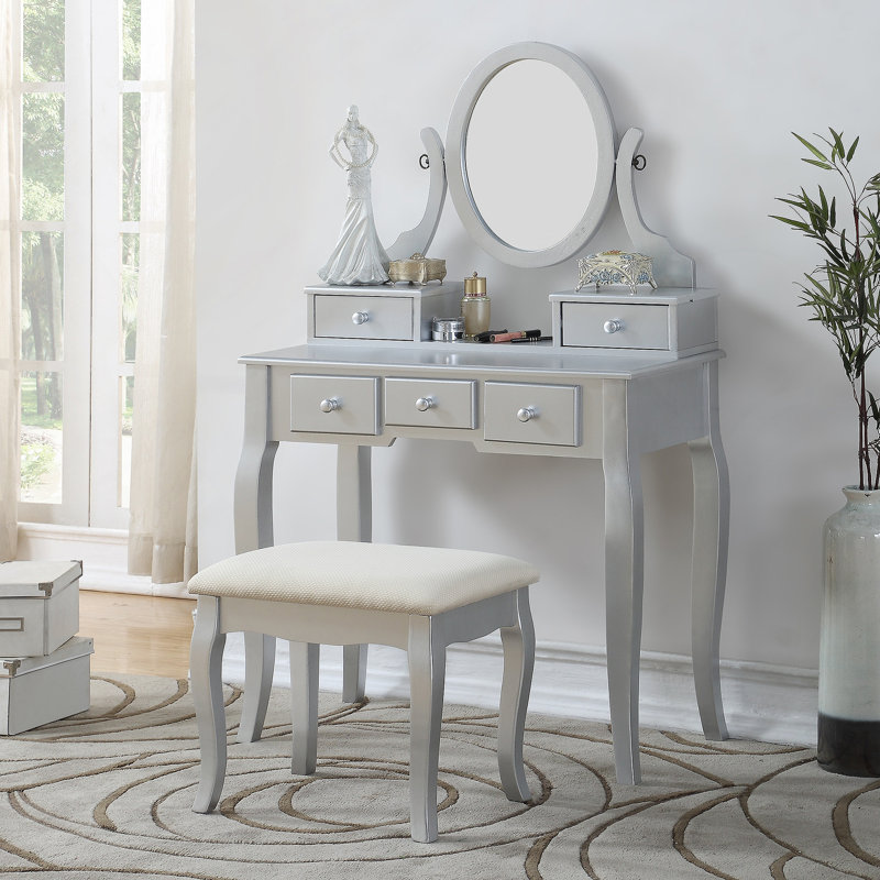 Ensemble de coiffeuse et tabouret en bois Ashley, Argent