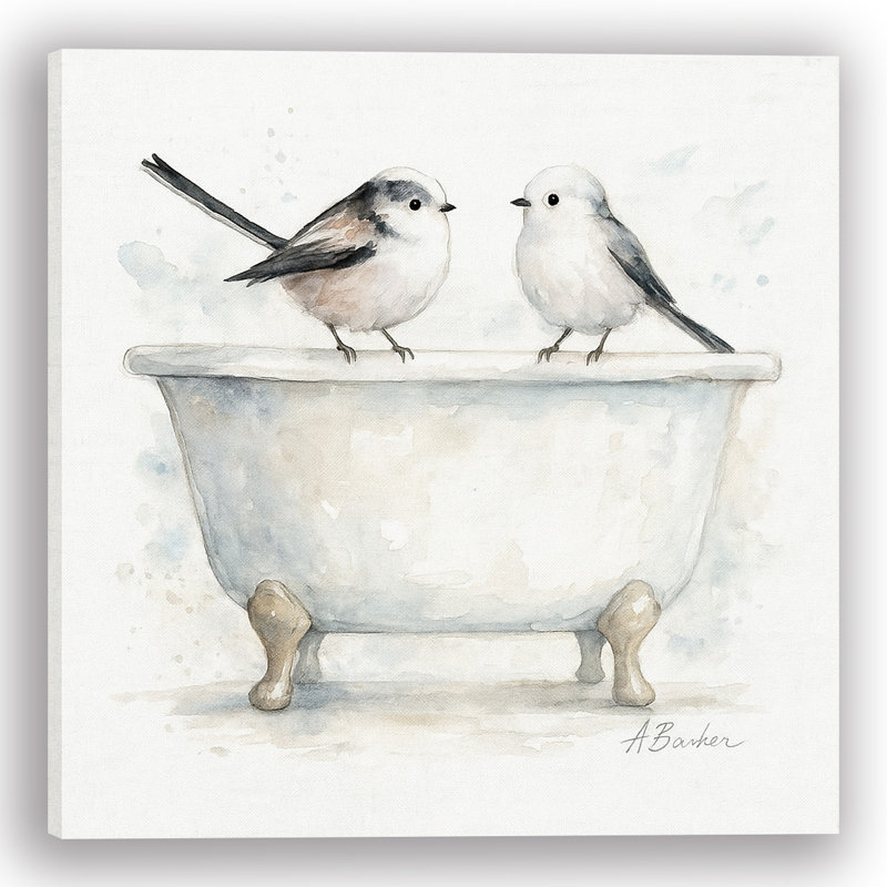 Reproduction sur toile tendue, "Tweeter & Tidy - Bath Time Birds", H 20 po x l 20 po