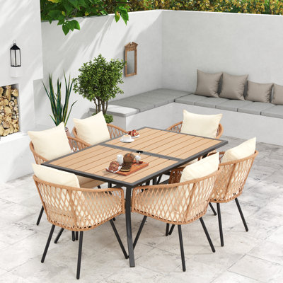  Ensemble de salle à manger 7 pièces avec 6 chaises en rotin, une table de patio toutes saisons et des chaises pour la cour, le jardin et la piscine