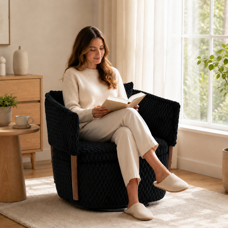 Fauteuil demi-tonneau pivotant de 25,6 po de largeur avec rangement caché et coussin lombaire, Noir