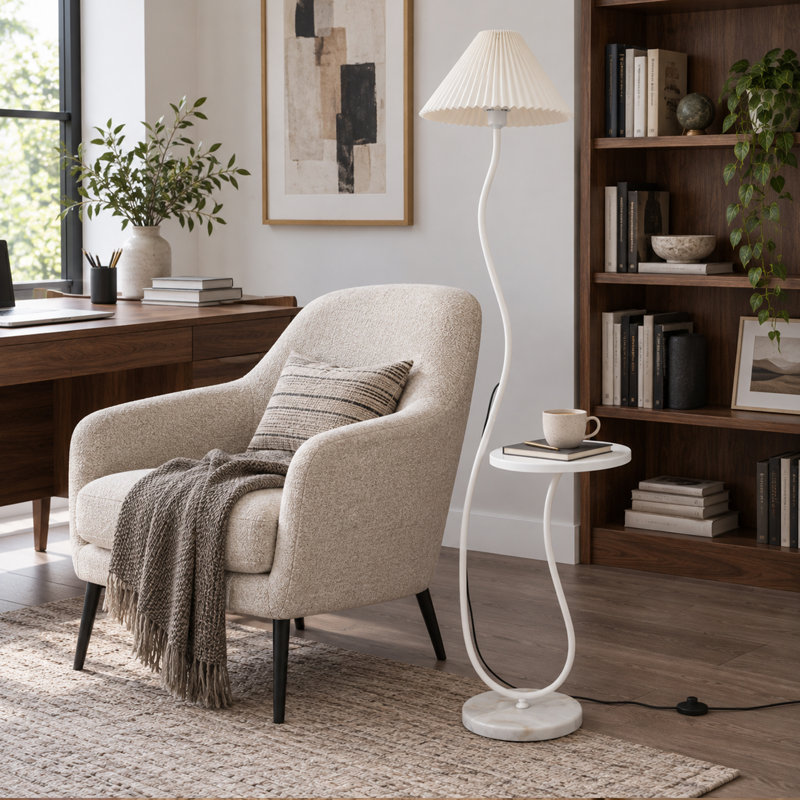Creamy Pleated Marble Floor Lamp With Tray And 3-color Light For Reading