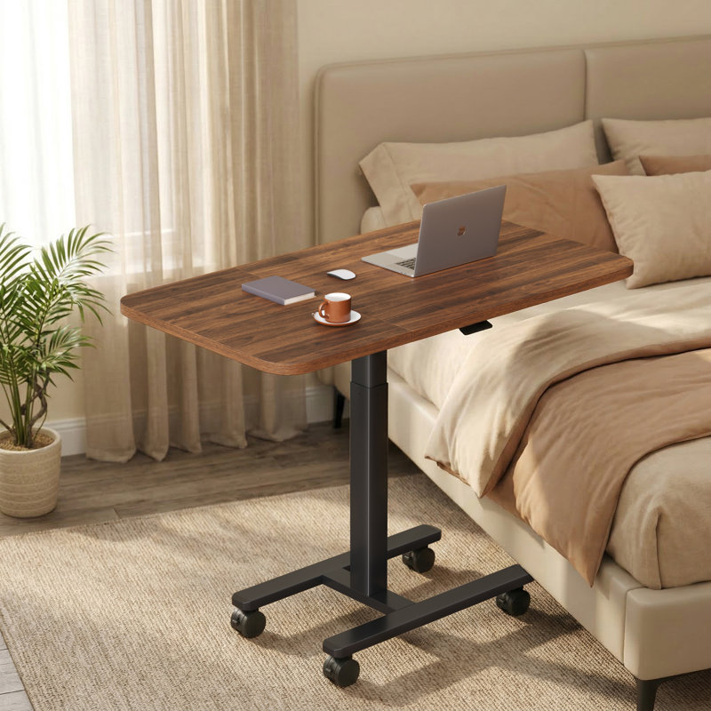 Table de bout pneumatique en forme de C à hauteur réglable avec rallonge pliable et roulettes verrouillables, Marron foncé
