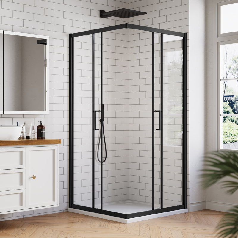 36 In. W X 72 In. H Square Double Sliding Framed Corner Shower Enclosure In Matte Black With 1/4 In. Clear Glass, Matte Black