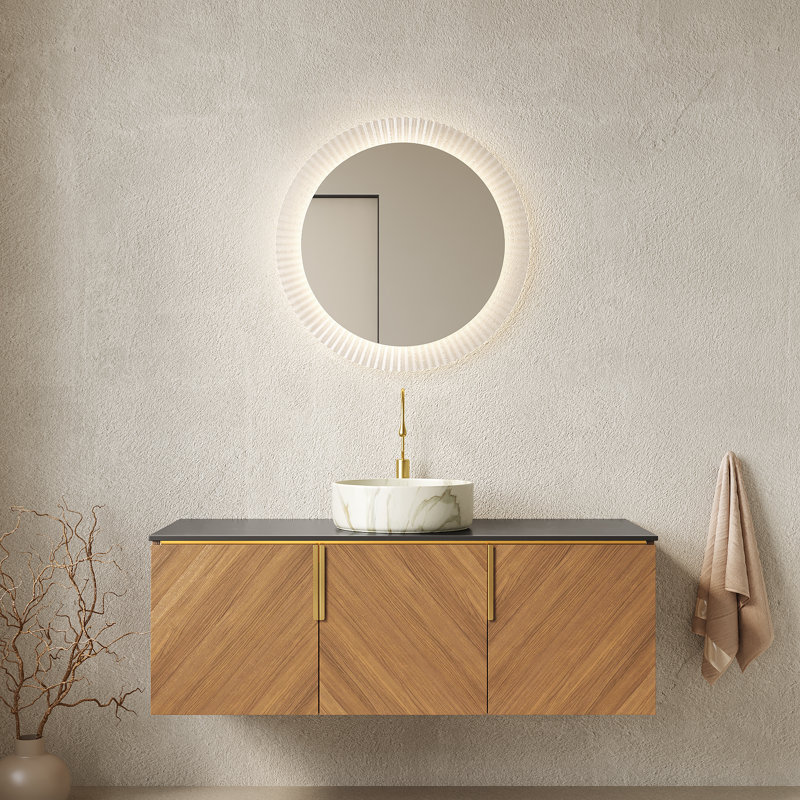 Meuble-lavabo flottant avec lavabo vasque, Rond, 48", Blanc / céramique grise
