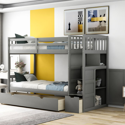 Bunk Bed With Twin Over Full/Twin Design And Storage - Grey Solid Frame Rails