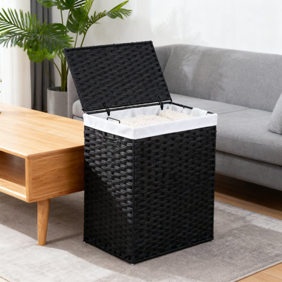 Grand panier à linge avec couvercle et doublures amovibles - Panier en osier tissé à la main avec 6 sacs en filet, structure en acier robuste et conception pliable pour le rangement de la chambre à coucher et de la salle de bain