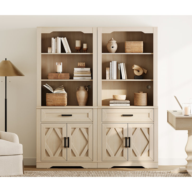 Laziza 5 Tier Bookcase With Barn Door,73.3" Tall Open Storage Bookshelf,Floor Standing Farmhouse Display Organizer With Drawer For Home Office,Living Room