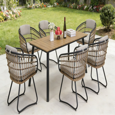Ensemble de salle à manger d'extérieur en osier 7 pièces avec table en bois d'acacia, durable et confortable pour le patio et le jardin