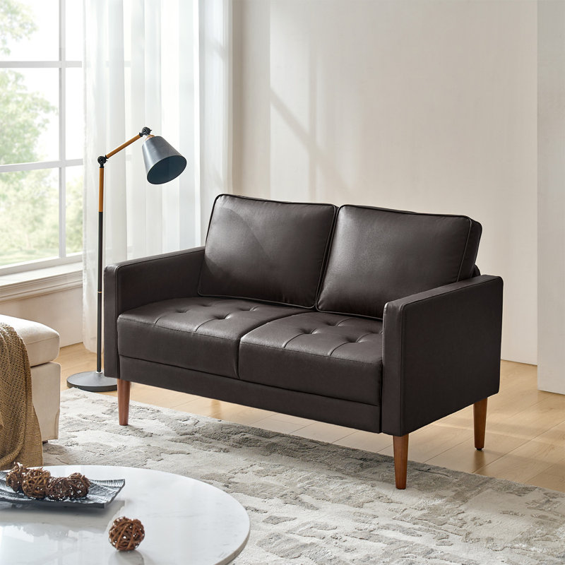 53" W Faux Leather Upholstered Loveseat with Solid Wood Legs, Brown