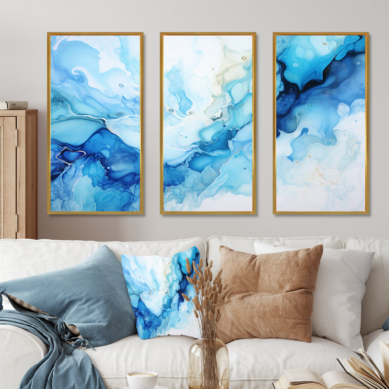 Ensemble de décorations murales océan bleu et blanc à encre liquide I - Formes abstraites, Cadre flottant doré