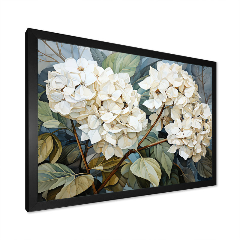 «Cubist Hydrangea L'interpretation» - art mural hortensia, H 30 po x l 40 po x P 1,5 po, Cadre simple noir
