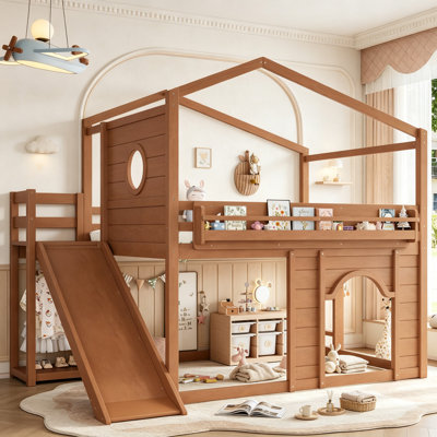 Lit mezzanine en bois avec glissade et bibliothèque de rangement pour les enfants adolescents, lit mezzanine Playhouse
