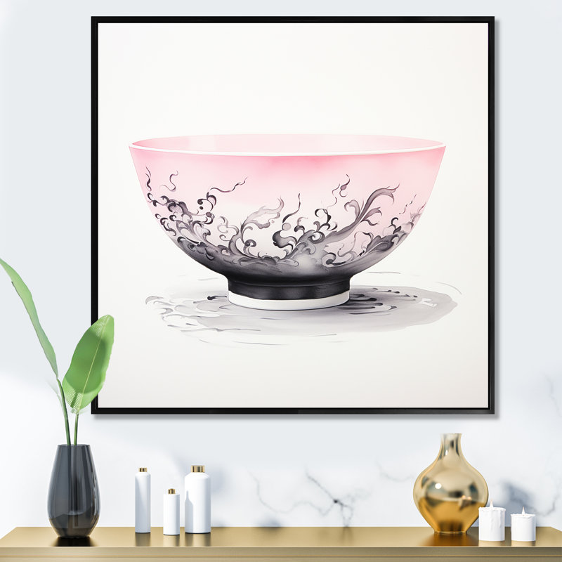 «Pink Chinese Teacup Delight III», art mural Chine, Cadre flottant noir, H 36 po x l 36 po x P 1,5 po