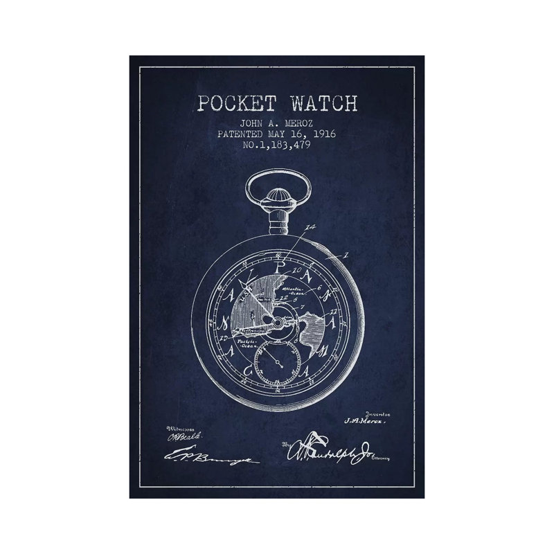 John A. Meroz Pocket Watch Pattern Sketch (Navy Blue) by Aged Pixel - Wrapped Canvas Print