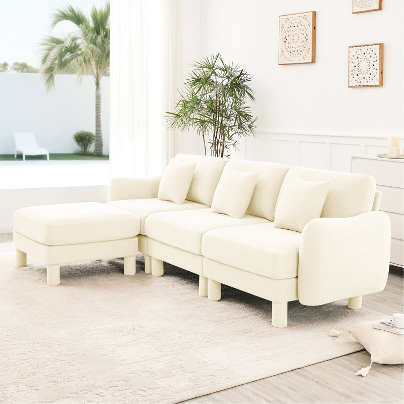 Boucle Fabric 3 Couch Convertible L Shape With Distinctive Shell-Shaped , Removable , And Cylindrical Legs Wrapped In Self, Beige, Modern Style For Office, Build, Soft Breathable Seating Foam Spring