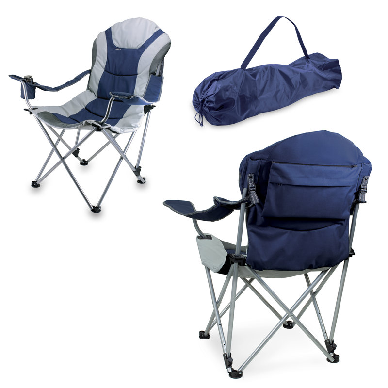 Navy Blue and Gray Reclining Camping Chair with Arms