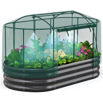 Galvanized Raised Garden Bed Kit With Self Watering System And Mesh Cover, Large Oval Metal Outdoor Planter Garden Boxes For Vegetables Herbs Flowers, 6X3x1ft