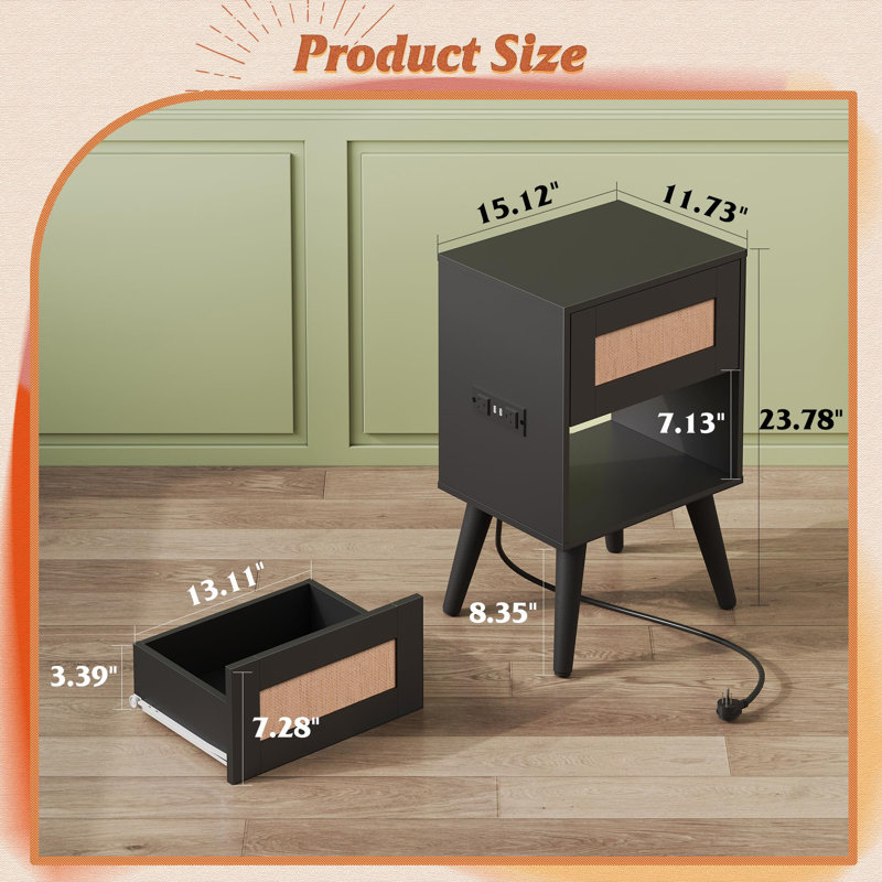 Rattan Nightstand With Charging Station, Boho Night Stand,..., Black