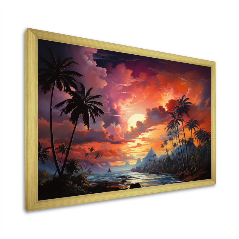«Coral Palm Trees Landscape II», reproduction sur toile, H 12 po x l 20 po x P 1 po, Encadrement doré