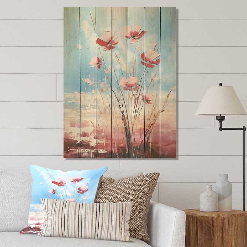 Rose et bleu «Poppy Meadows Elegance» - coquelicots sur bois, H 44 po x l 34 po