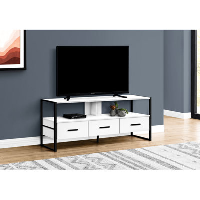 Meuble télé moderne avec console de 48 pouces, centre multimédia pour le salon et la chambre à coucher, métal noir stratifié blanc, rangement, convient aux espaces de 80 à 89 téléviseurs,