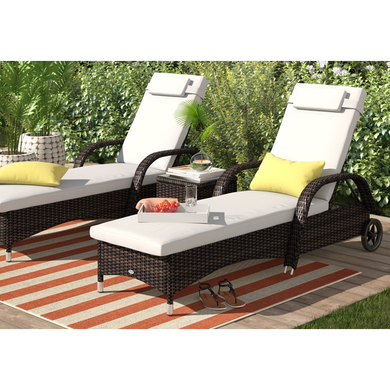 Stutler 200cm Long Reclining Chaise Lounge Set with Cushions and Table, Brown/White