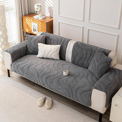 Couch Cover - Grey - Velvet Fleece, Washable, Non-Slip, 3-Cushion Sofa, L-Shaped/Sectional, 36"X71", Single Piece