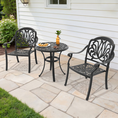 Ensemble de salle à manger bistro rond 3 pièces de 68 cm (26,77 po) avec trou pour parasol, 2 chaises empilables, coussins bruns
