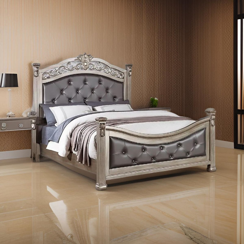  Formal Traditional California King Bed Frame With Headboard Tufted Platform Bed Upholstered Bed, Silver, King