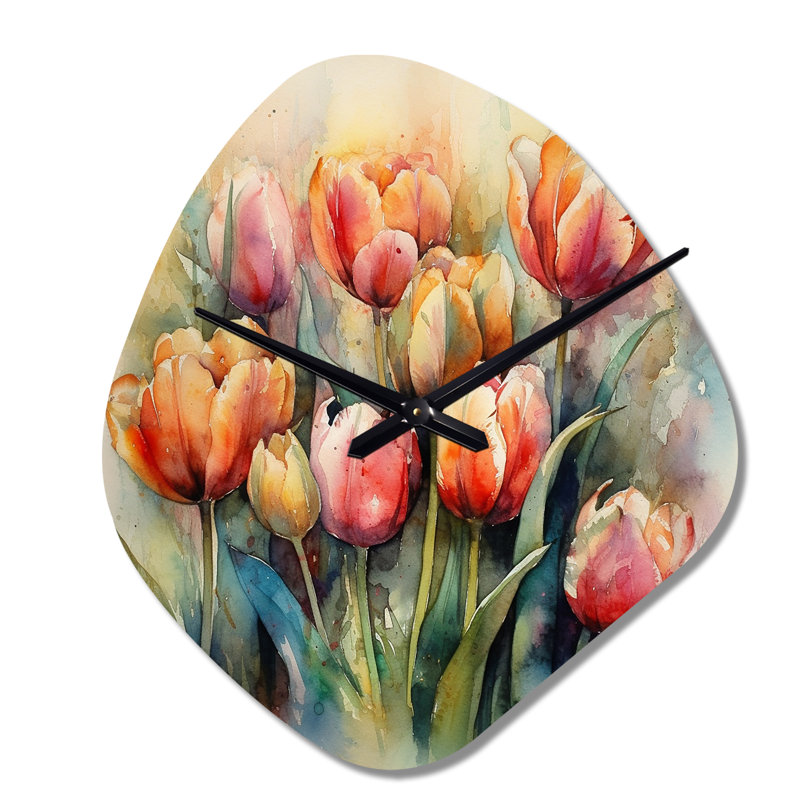 Orange Serenade Of Tulips - Tulip Unique Shape Metal Wall Clock, Orange Asymmetrical Clock Print, Small