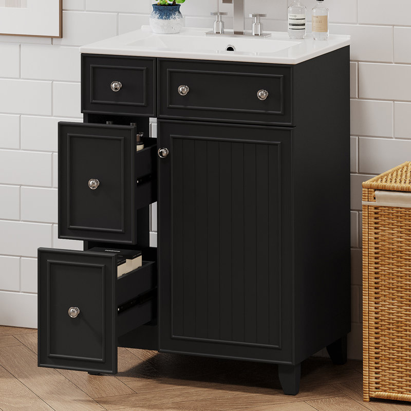 Meuble-lavabo 24 po avec comptoir en céramique, meuble-lavabo avec 2 tiroirs et 1 porte, Noir, Argent